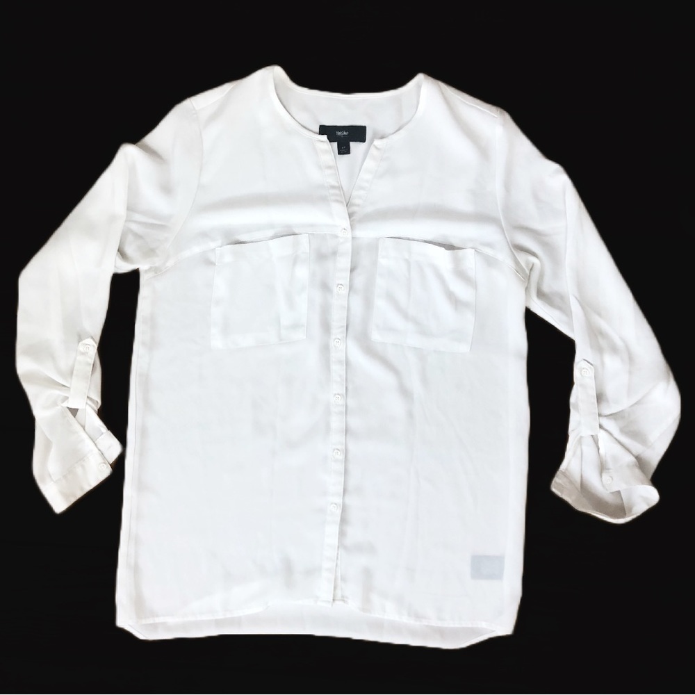 𝅺WHITE Mossimo billowy button down blouse with roll cuff sleeves size small EUC - Picture 5 of 7
